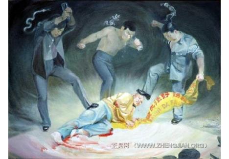 "Evil policeman", una dintre operele lui Kunlun Zhang care tratează violenţele la care sunt supuşi adepţii practicii de meditaţie paşnică Falun Dafa